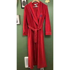 Bill Blass Vintage Dacron Polyester Red Robe w Royal Blue Piping Crest Logo, SM